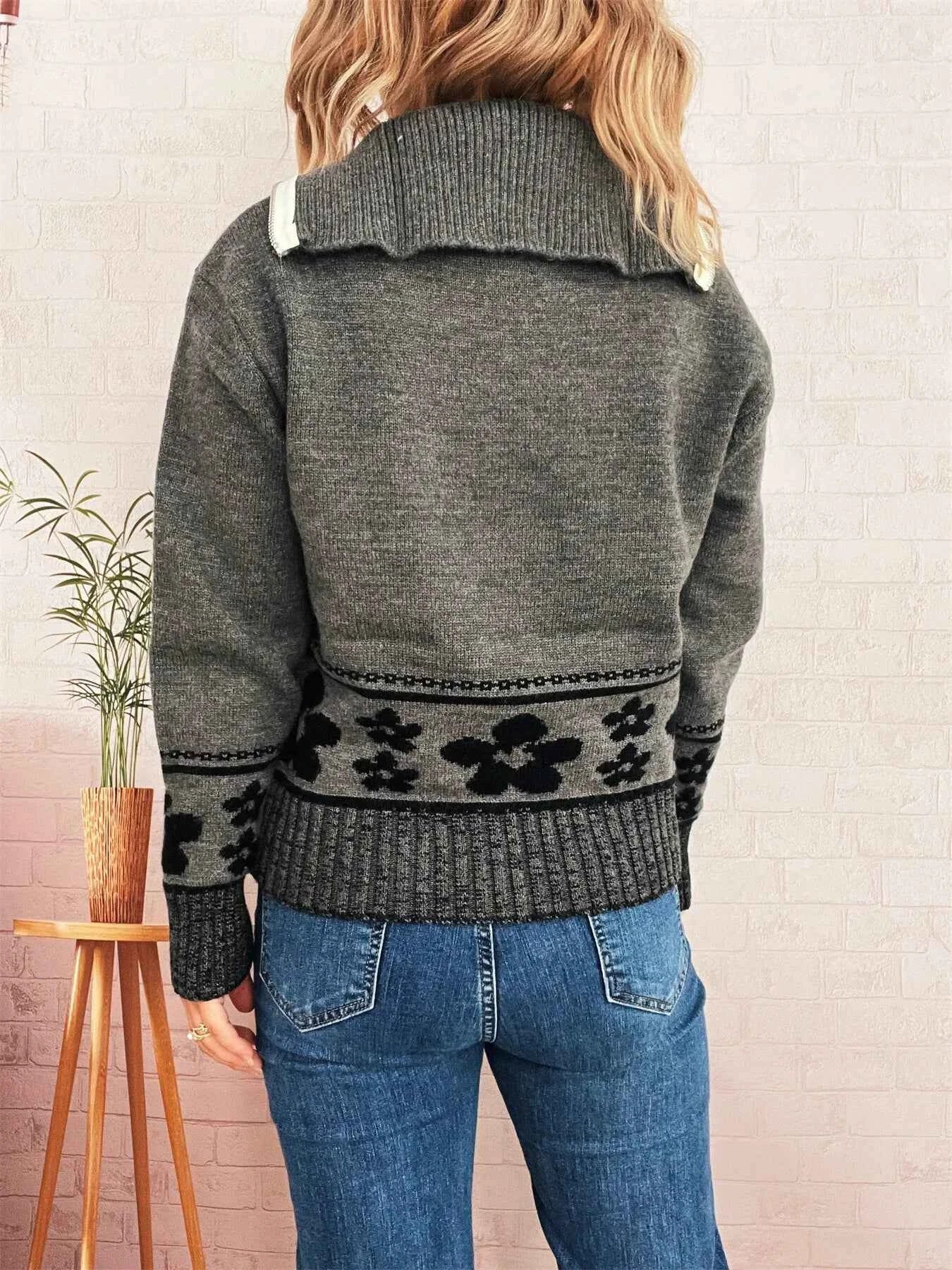 Flower Zip Collar Long Sleeve Sweater 9653f40fe8fc490fbe90e40f4e4cffea-Max-Origin