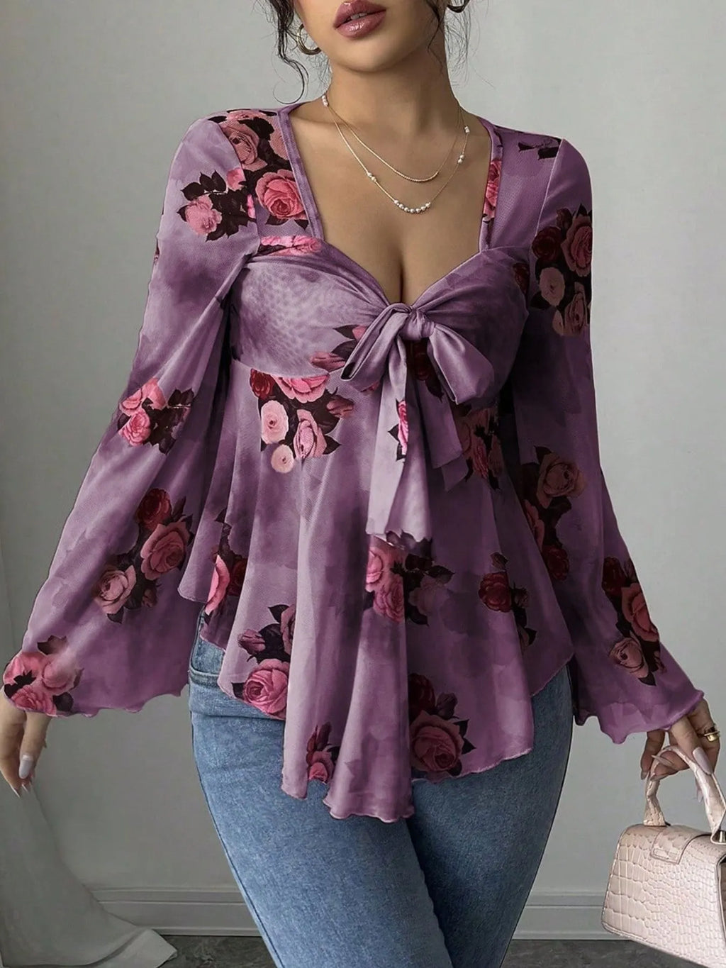 Floral Tie Front Flare Sleeve Blouse 96552cbf-cd61-41c3-a7c6-ffa771aec8d6-Max-Origin