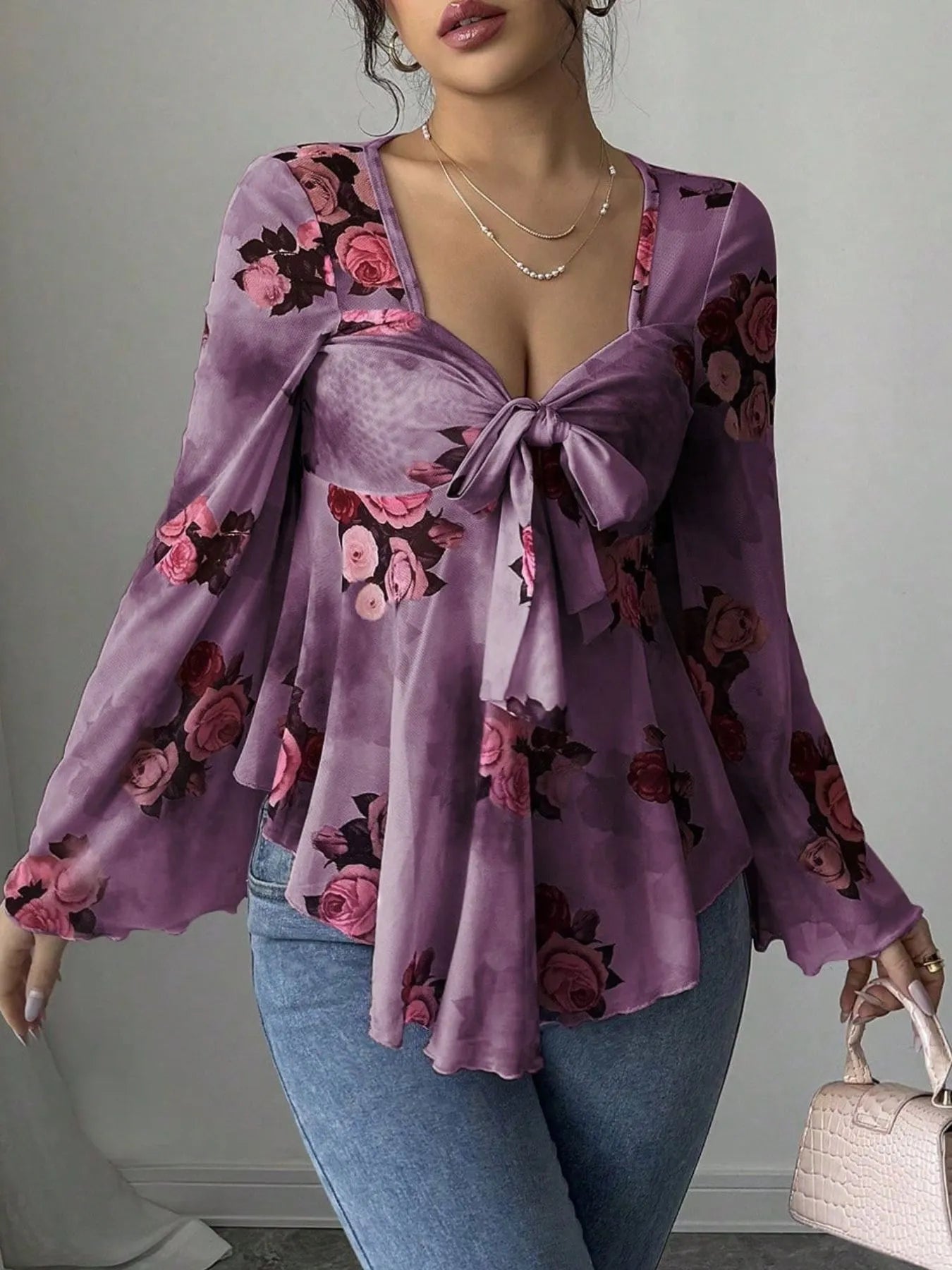 Floral Tie Front Flare Sleeve Blouse 96552cbf-cd61-41c3-a7c6-ffa771aec8d6-Max-Origin