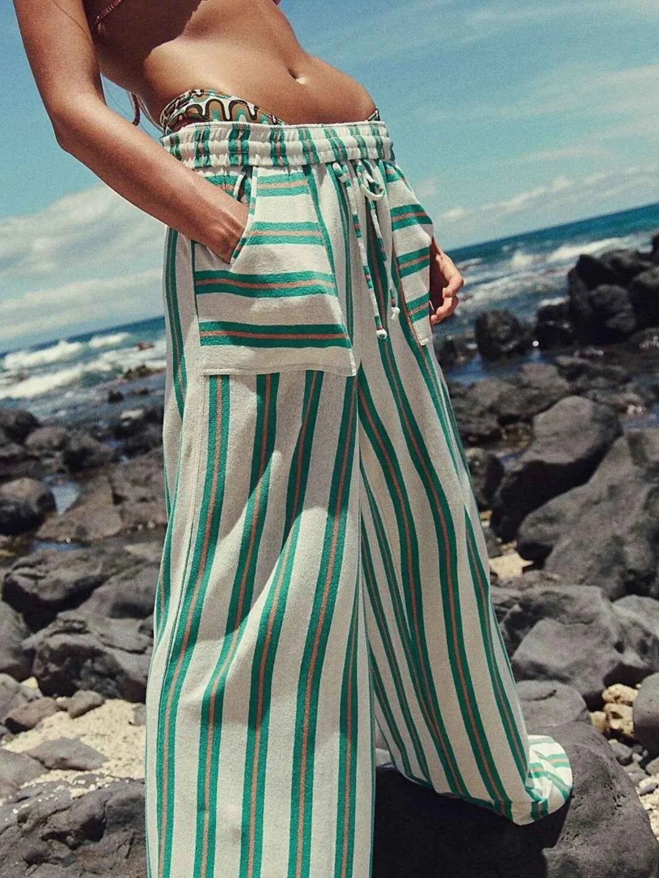 Striped Wide-Leg Drawstring Pants Turquoise 96605230-a8a7-49a8-bbbe-0f82556cb730-Max-Origin
