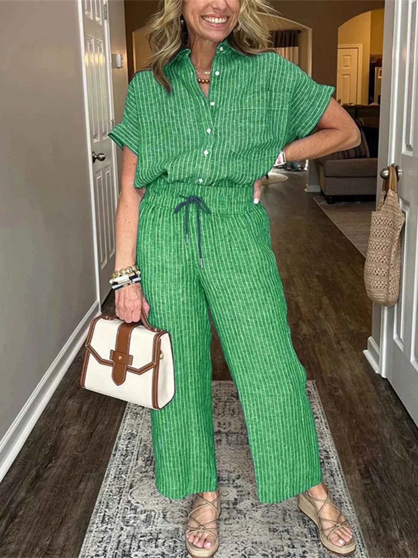 Full Size Striped Button-Up Shirt and Wide Leg Pants Casual Set Plus Size Green 9660b965-155c-445a-a355-53a1ca7bfdfc-Max-Origin