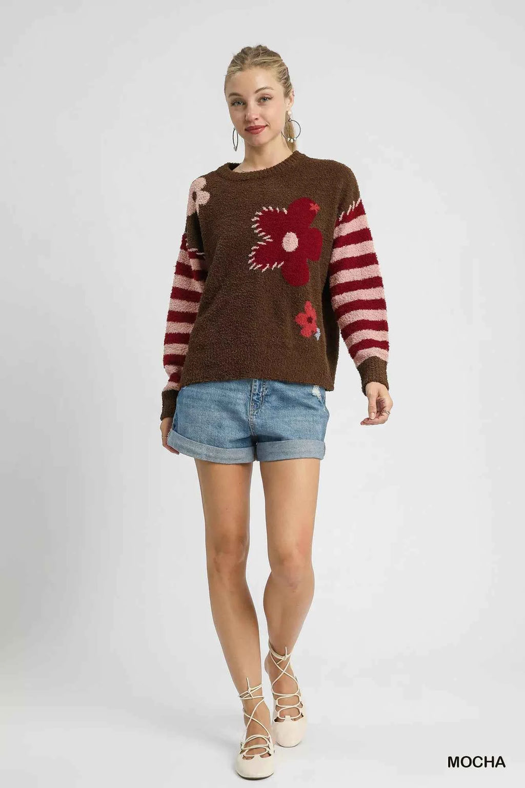 Umgee Flower Jacquard Striped Long Sleeve Sweater 966c970a-f36b-403e-8b6b-60dfee2be9cf-Max-Origin
