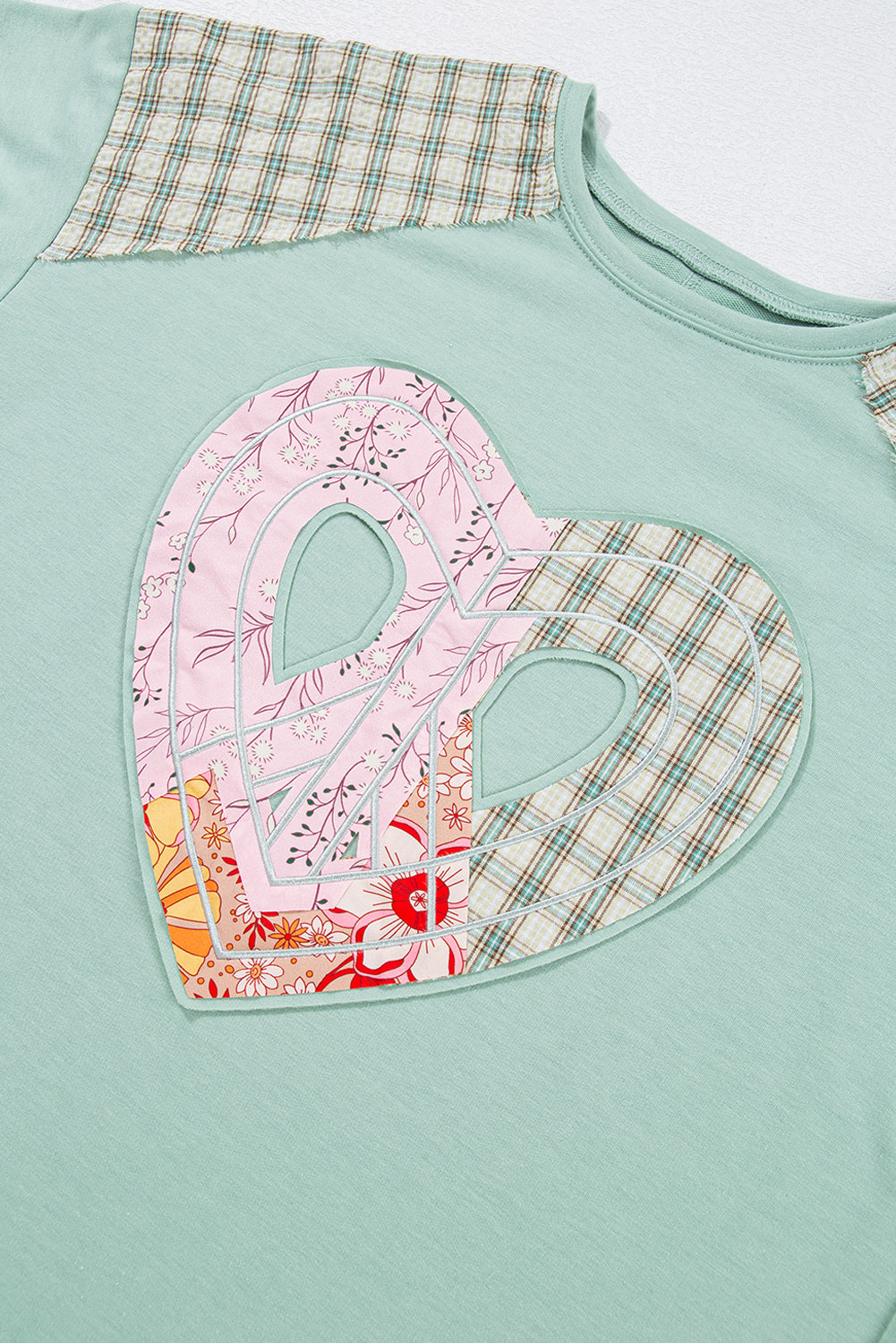 Aqua Plaid Floral Patchwork Heart Long Sleeve Top 967860c31bdeecb5
