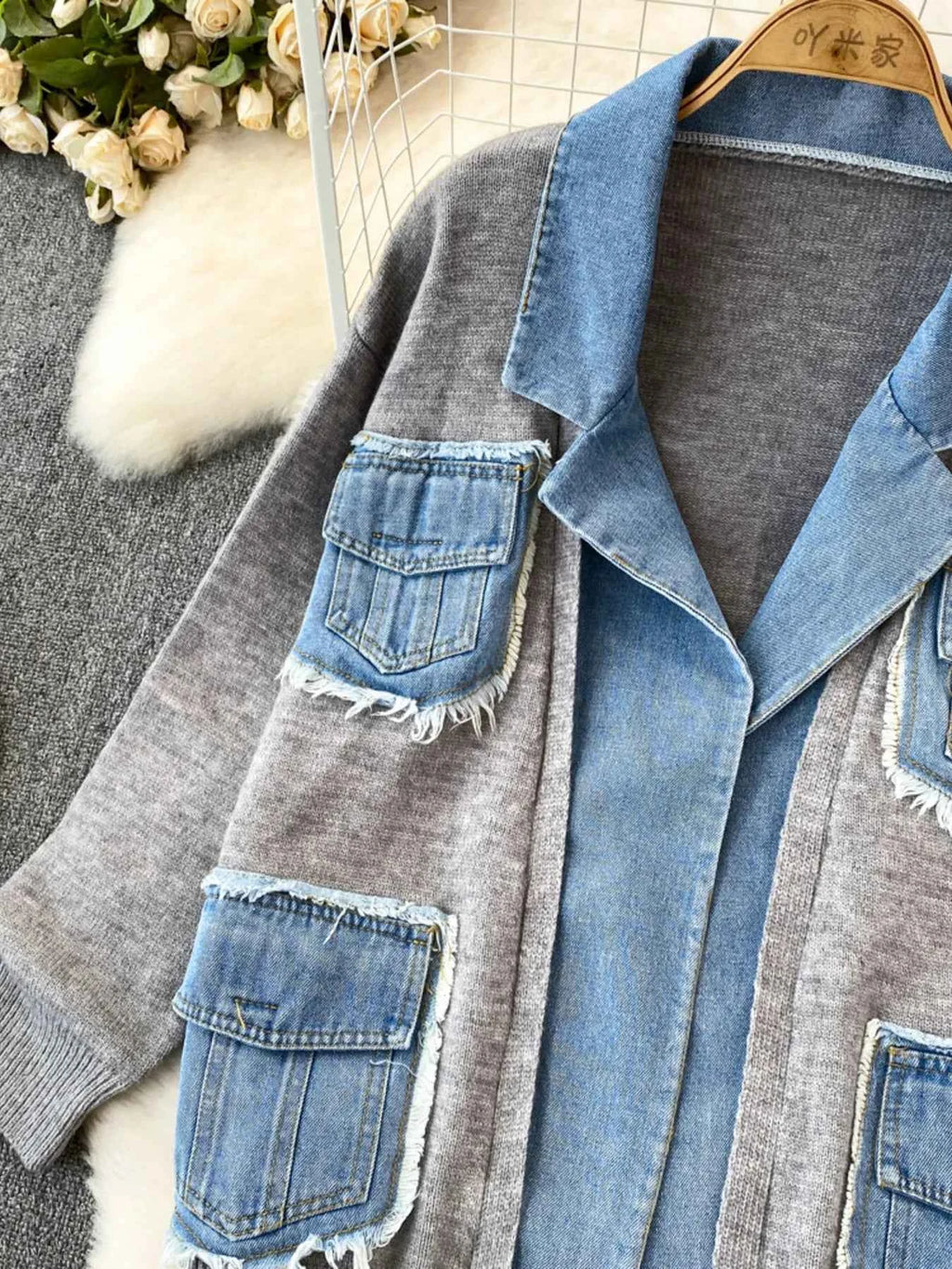 Raw Hem Denim Pocket Patchwork Cardigan 967a73ae7afc48b99d6d02b09031b5eb-Max-Origin