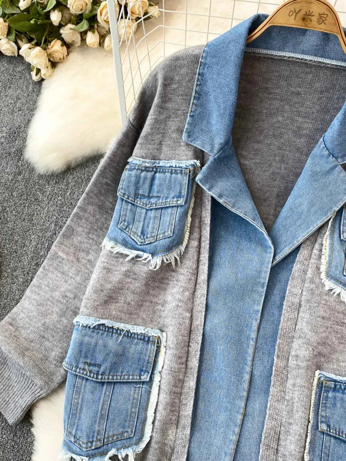 Raw Hem Denim Pocket Patchwork Cardigan 967a73ae7afc48b99d6d02b09031b5eb-Max-Origin