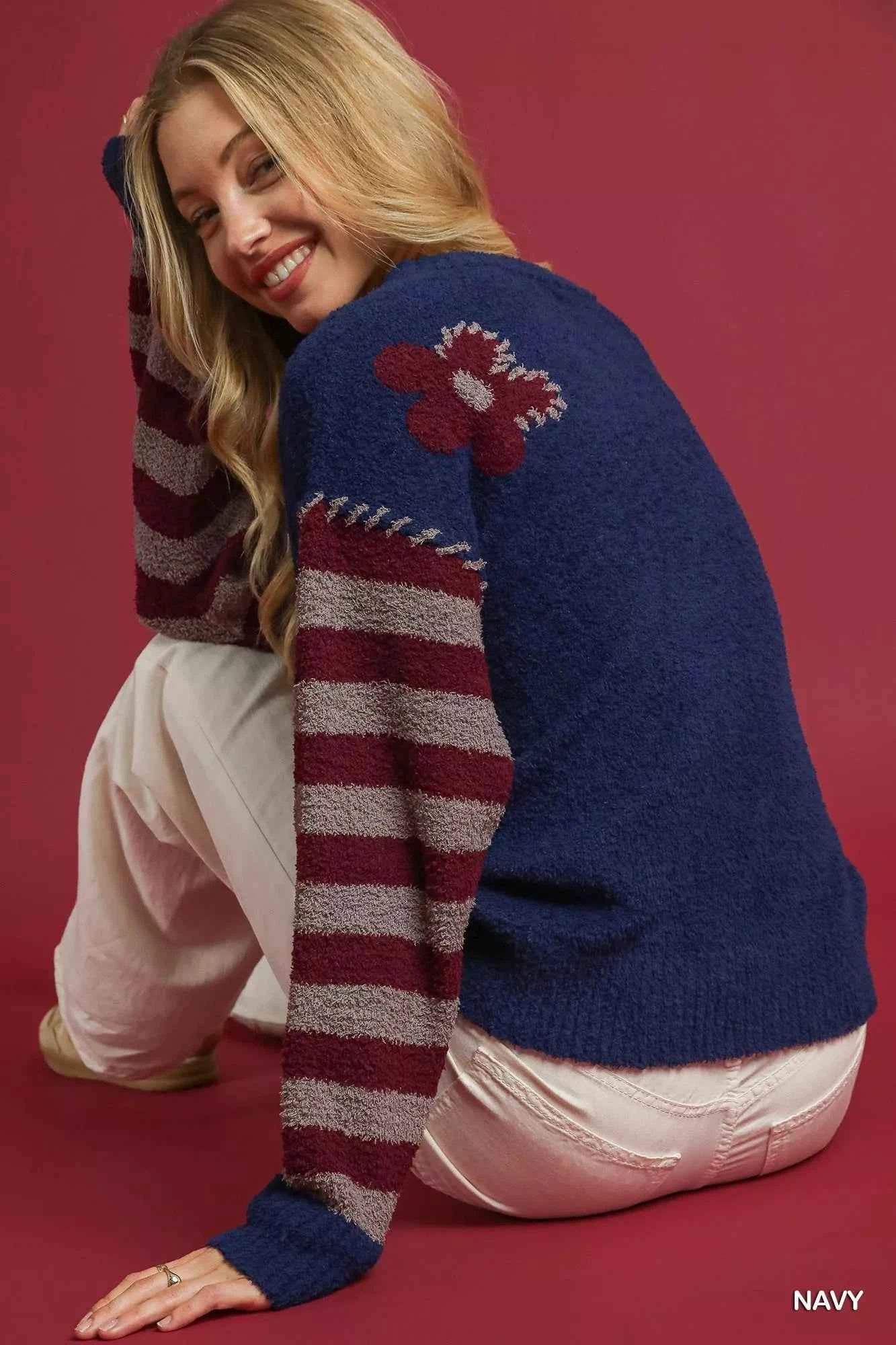 Umgee Flower Jacquard Striped Long Sleeve Sweater 967c1b5e-6d40-4d5b-bc4e-d0f352580cae-Max-Origin