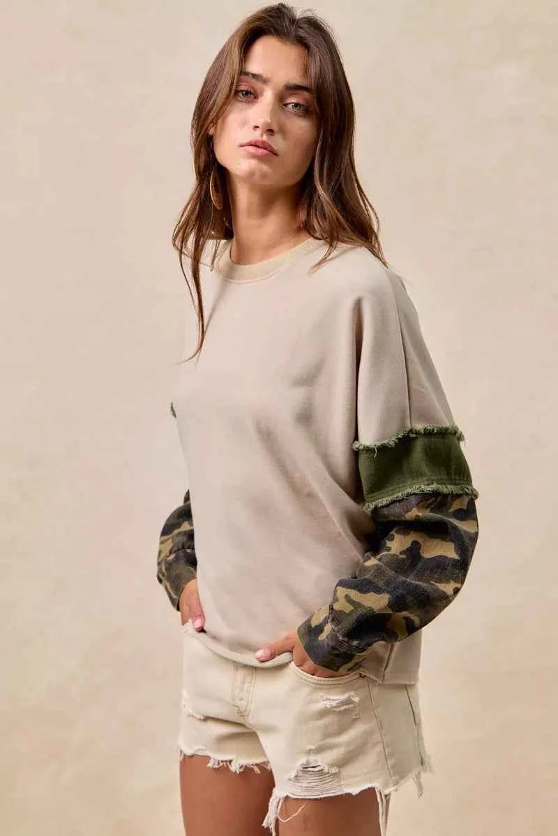 BiBi Camo Sleeve French Terry Top with Frayed Edge 9684ee0c45e84974a60715eb692c8699-Max-Origin
