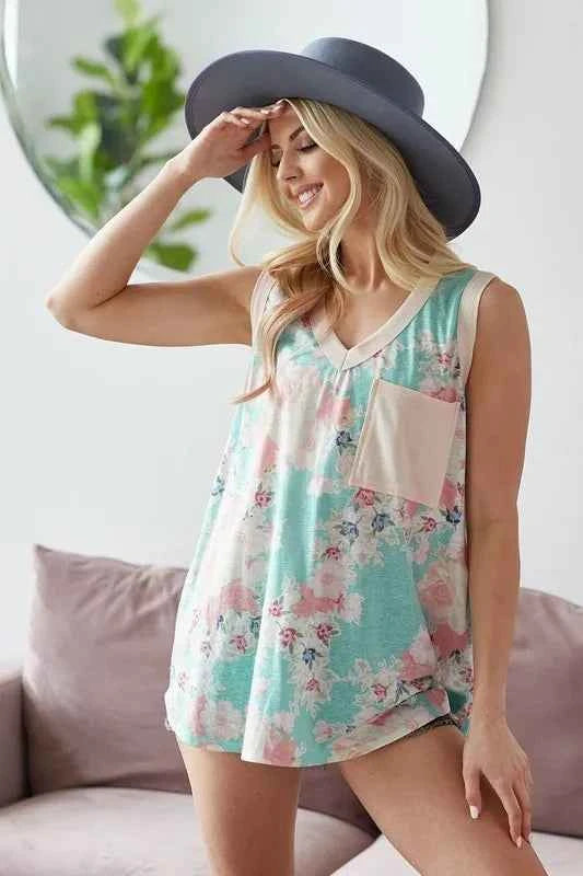 BiBi Multi Color Flower Printed Tank with Contrast Band MINT CREAM 9687bdf87aed4281826ccf9d3987af00-Max-Origin