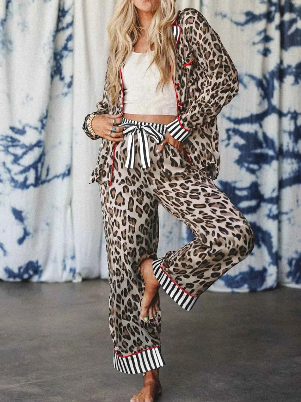 Leopard and Striped Trim Shirt and Pants Set Leopard 969524c2-4b2f-4698-9e84-749b2b230b5a-Max-Origin