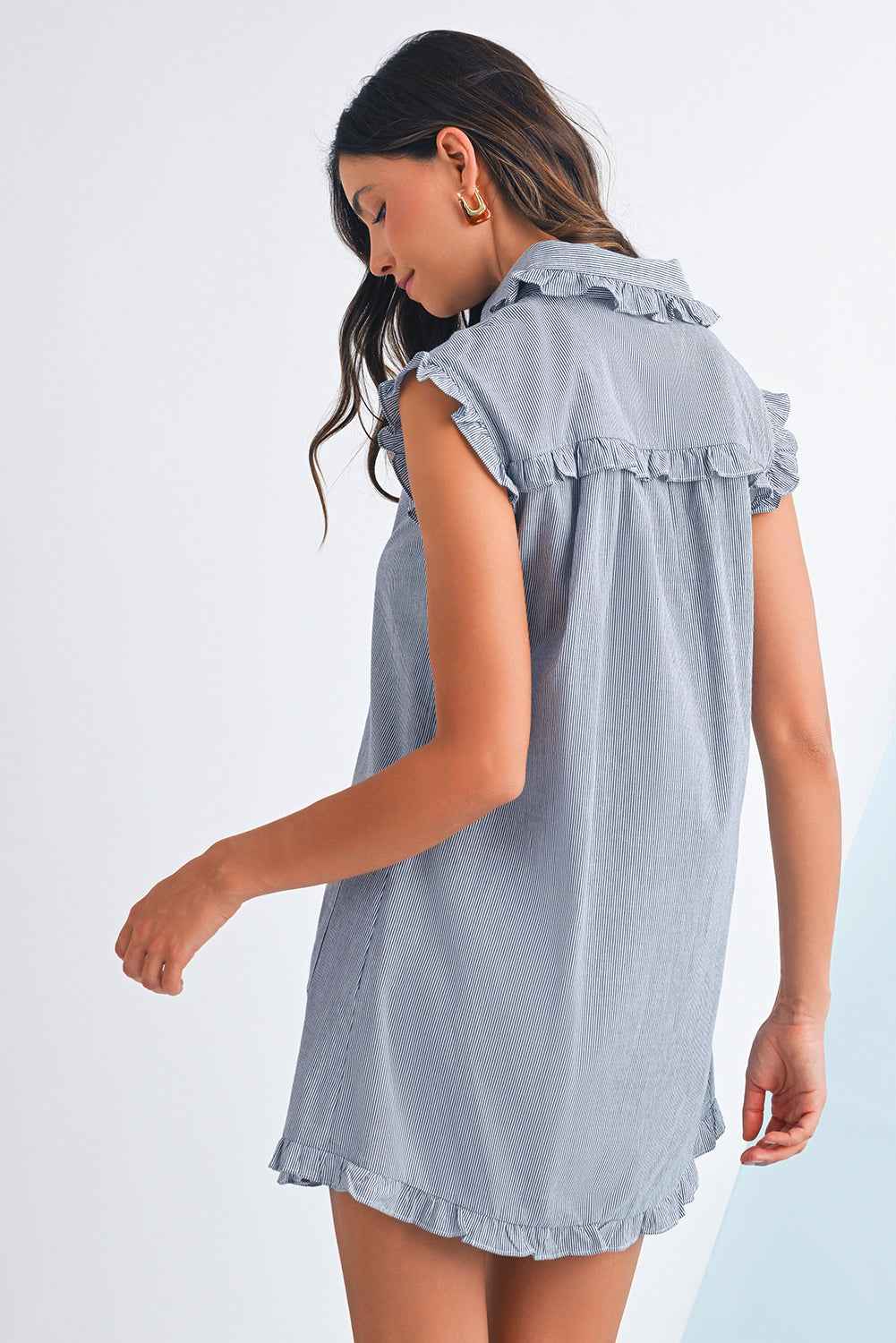 Green Stripe Frill Trim Pocket Button Up Mini Dress 96a5f8297f341ca0