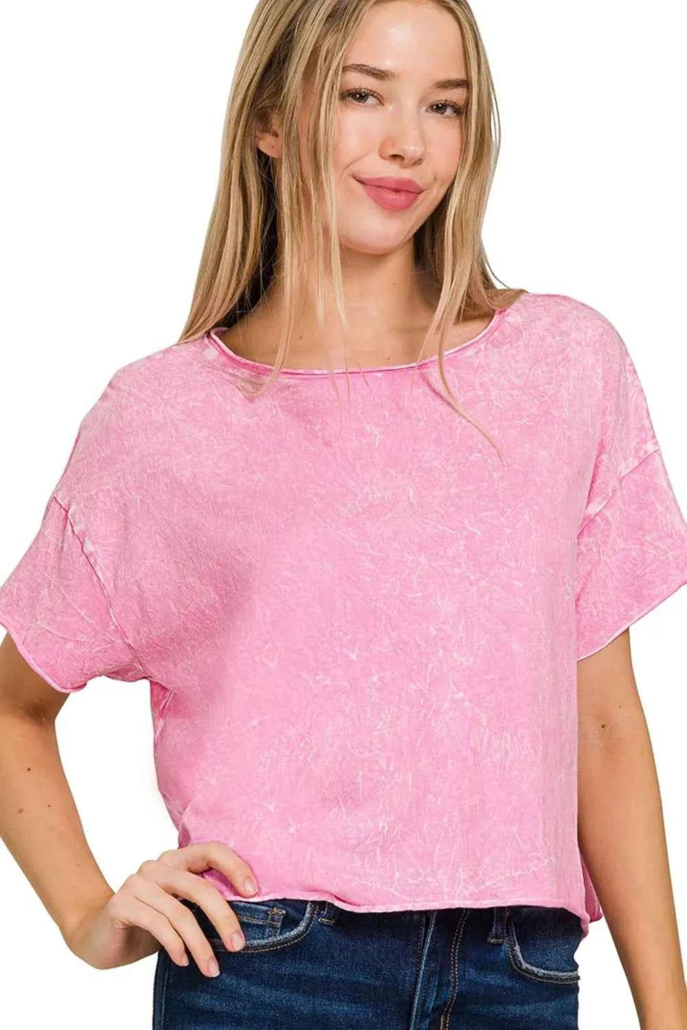Zenana Washed Crew Neck Short Sleeve Crop Box Tee CANDY PINK 96a64b0e-e6f6-4eef-b784-25197f7df03e-Max-Origin
