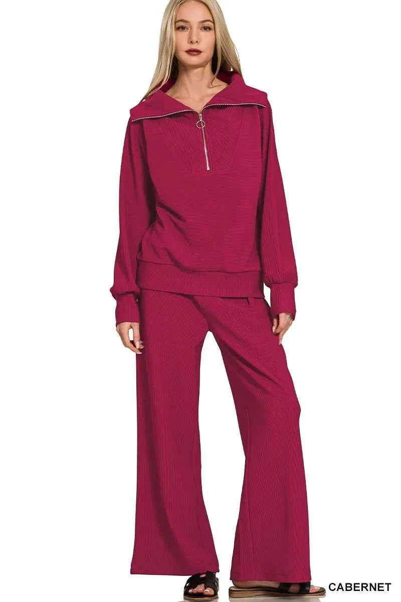 Zenana Ribbed High Neck Half Zip Pullover & Pants Set CABERNET 96a7ed6fd9eb402c81c51b8739b2154e-Max-Origin