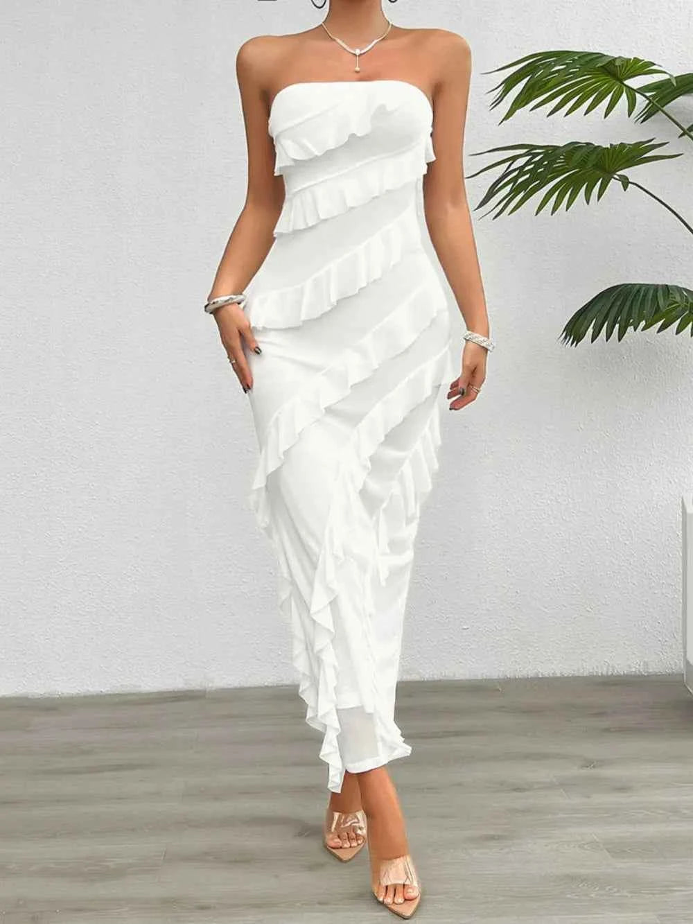 Ruffled Slit Back Tube Maxi Dress White 96c495a2-7ce5-42d1-87c8-5696fbb445ad-Max