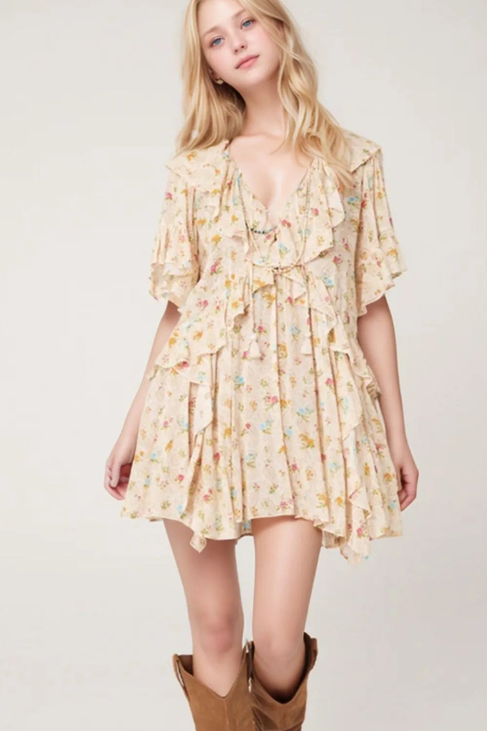 Boho Floral Tassel Tie V Neck Ruffle Wide Sleeve Mini Dress Cream 96d1150b-5c10-4a69-b483-ac6979fb8ebf-Max-Origin