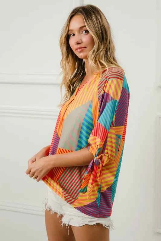 BiBi Multi Stripe Block Printed Jersey Blouse with Tied Sleeves 96de5feb-f868-477b-a1e3-aac89f5c6b2a-Max-Origin