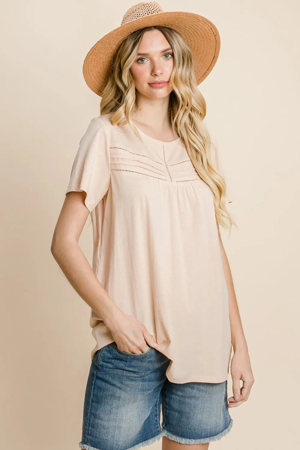 Cotton Bleu by Nu Label Eyelet Round Neck Short Sleeve T-Shirt Peach 96e57f37-04e9-4ccf-8bc1-efa9964b9f75-Max