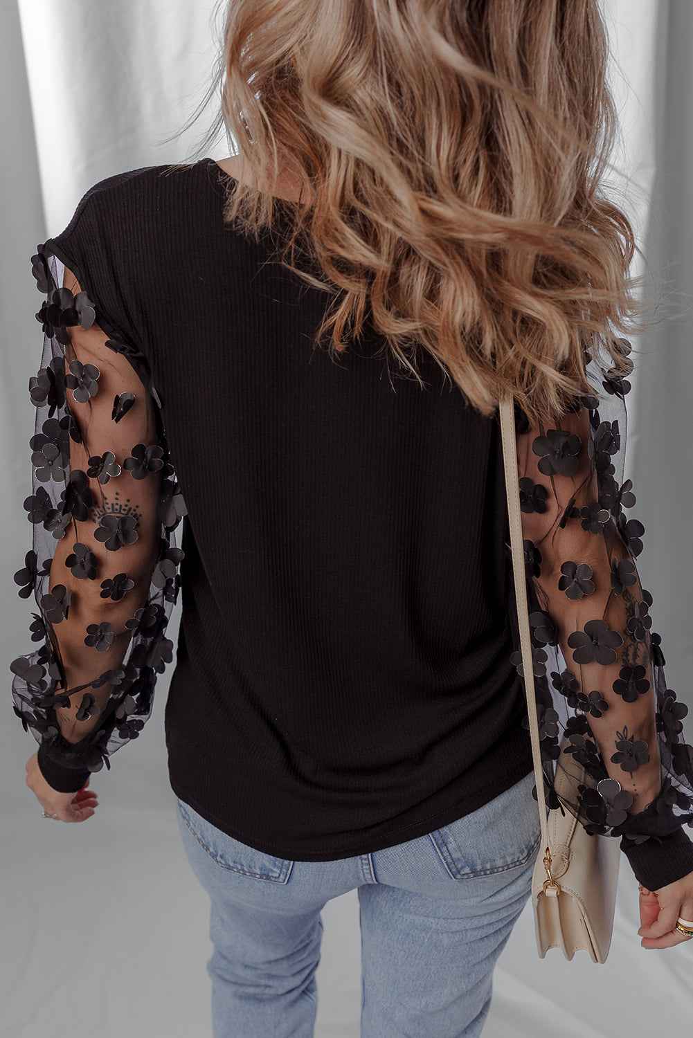 Black Flower Applique Mesh Long Sleeve V Neck Top 96e73b7e4345863d