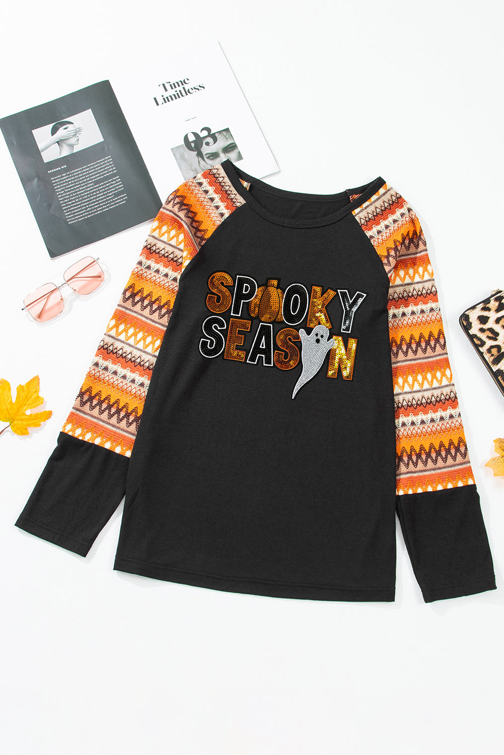 Orange SPOOKY SEASON Sequins Patch Contrast Long Sleeve Top 96efbbff6cf915e1
