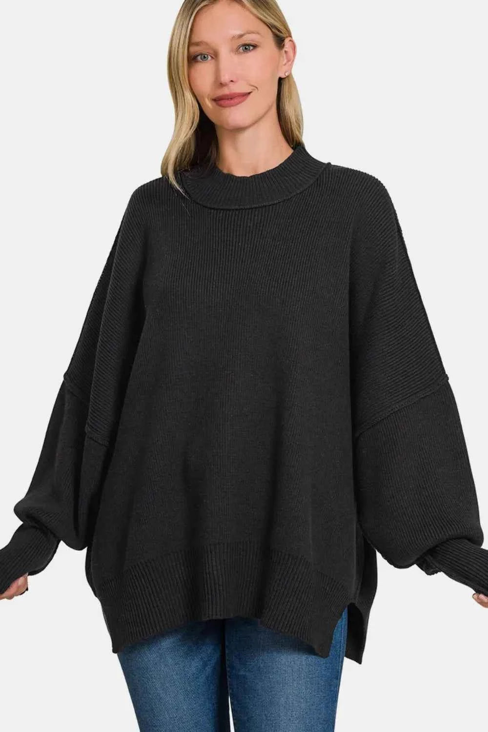 Zenana Side Slit Oversize Sweater Black 96f620dd-63ce-45b9-83f4-35274b8fda22-Max