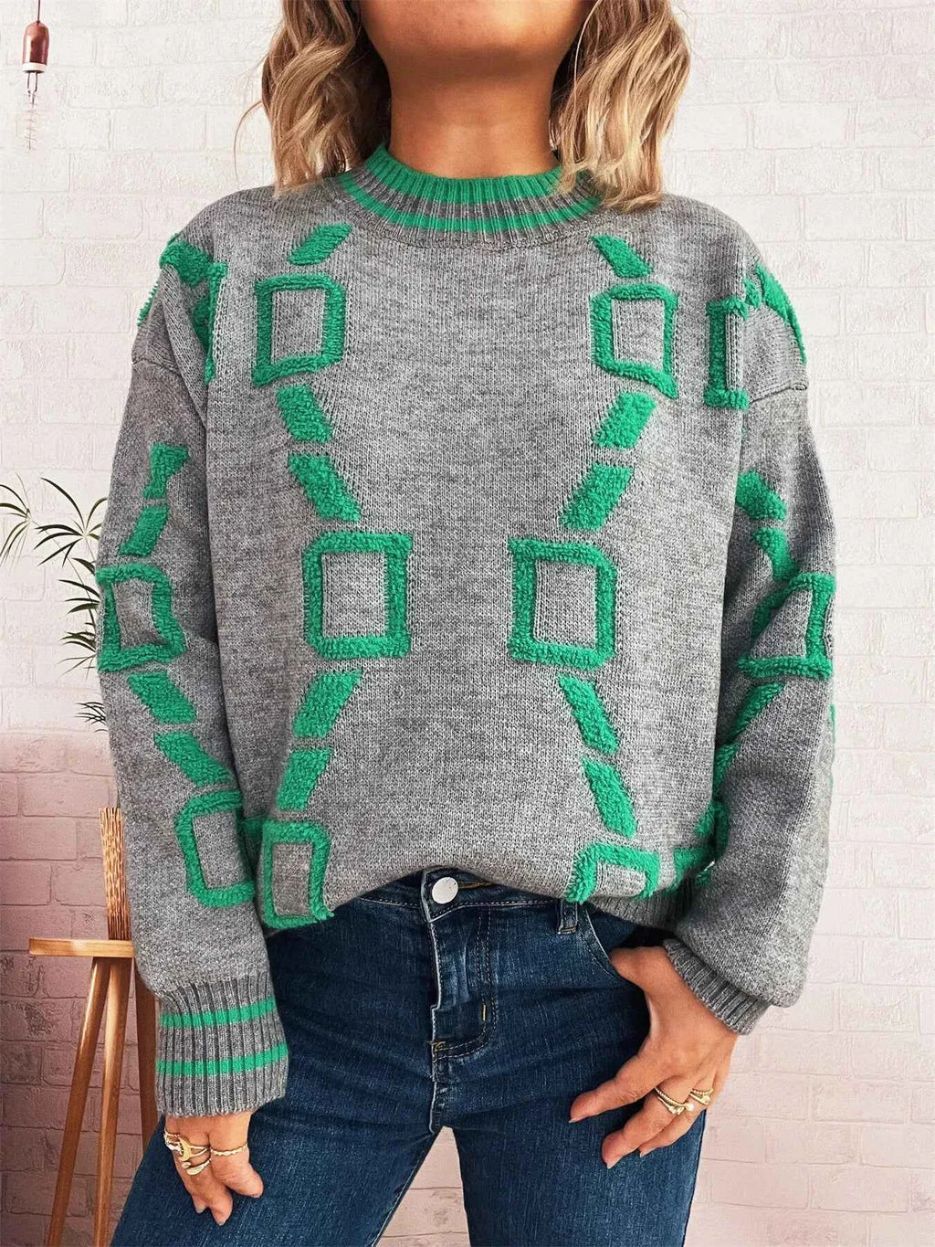 Contrast Round Neck Long Sleeve Sweater 97050b1f0f674f81be70a3fdd7d0e725-Max-Origin