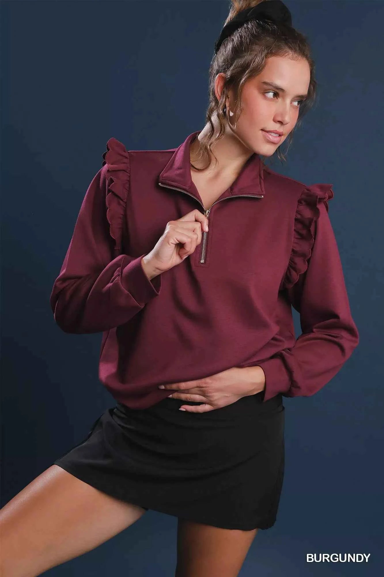 Umgee Luxeknit Ruffle Shoulder Quarter-Zip Sweatshirt 97057146-80c8-4577-91ca-03dc9c336b41-Max-Origin