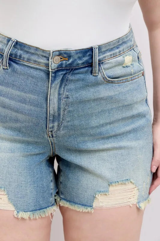 Judy Blue Full Size High Rise Washed Fly Stitch Detail and Destroy Denim Shorts Plus Size 971482aa-71f0-432b-a6c7-64781208ead0-Max-Origin