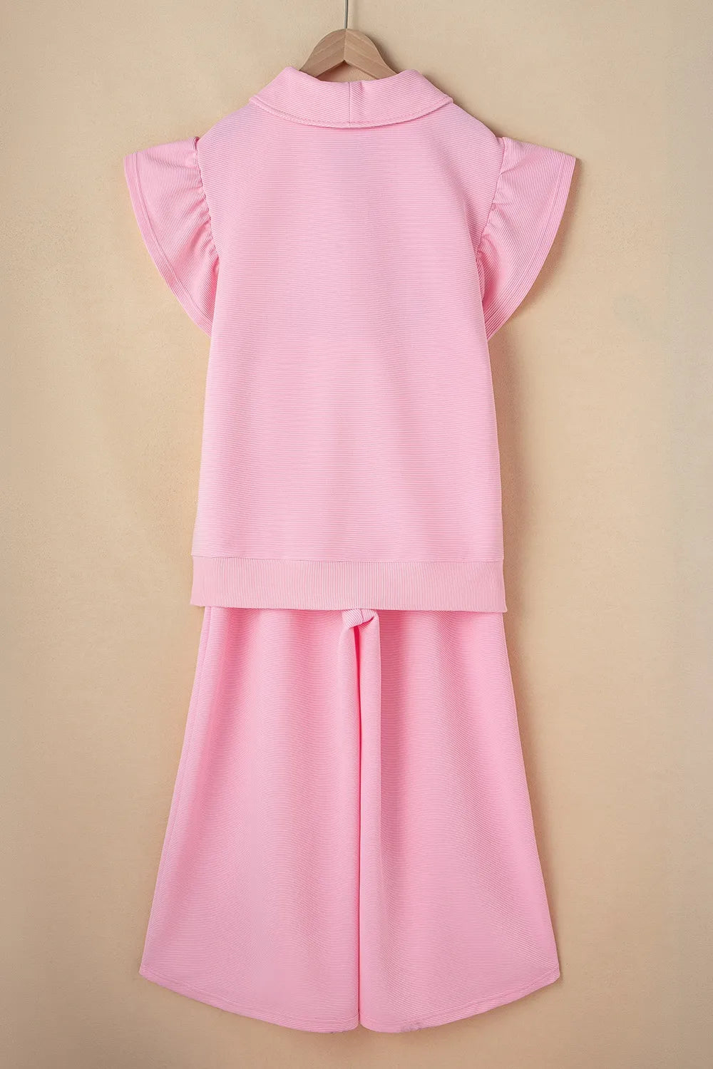 Textured Ruffled Sleeve Zipped Top and Wide Leg Pants Set 97220774-5542-49b8-9ebc-bdfd93343c6b-Max-Origin