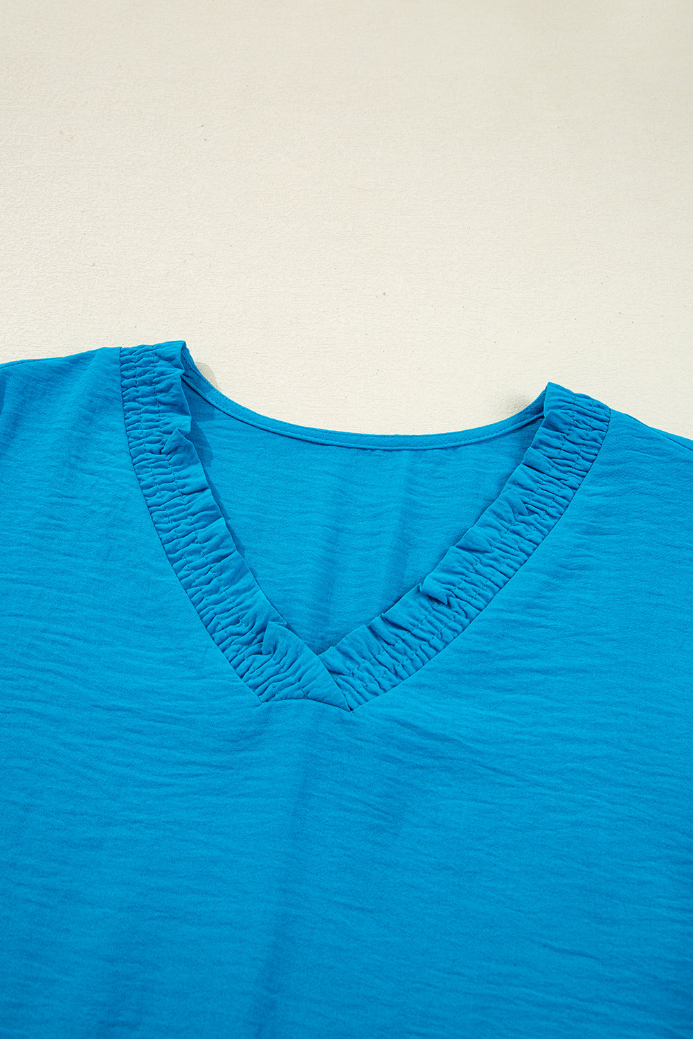 Sky Blue Frill V Neckline Puff Sleeve Crinkled Blouse 9727999cb7e9cd9a