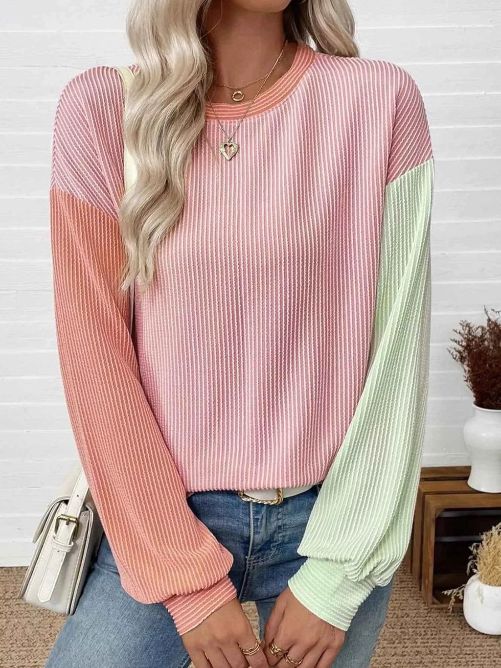 Color Block Ribbed Long Sleeve T-Shirt Blush pink Green 972c20aa-7f46-4131-9f98-043faf161c89-Max-Origin