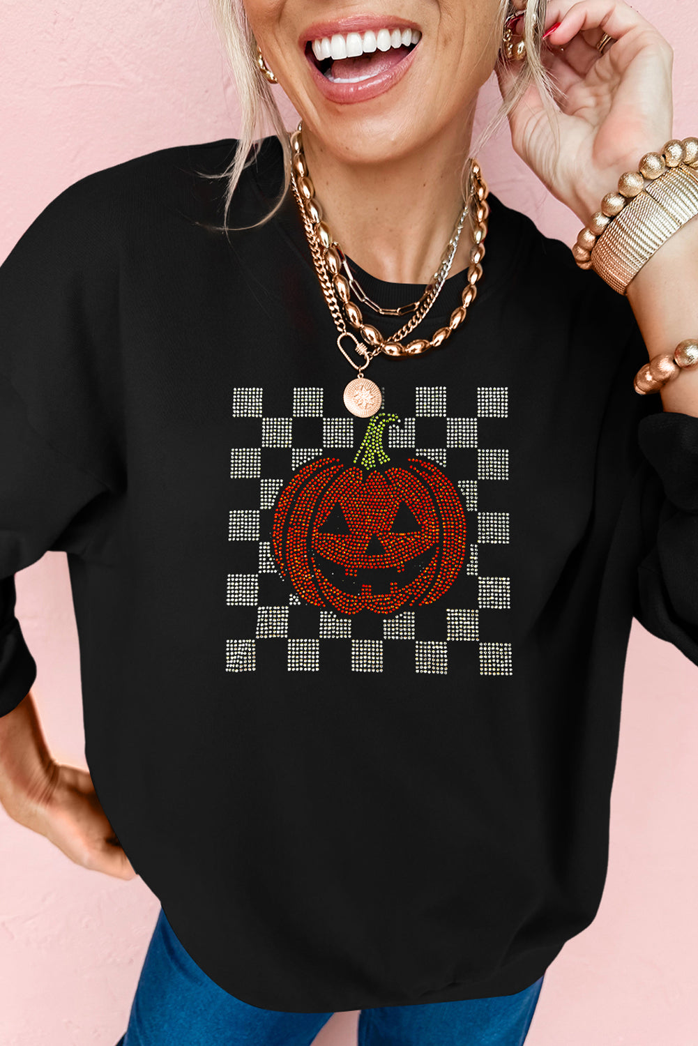 Black Jack-o-lantern Checkered Rhinestone Transfer Graphic Halloween Sweatshirt 972cec4a2f259a95