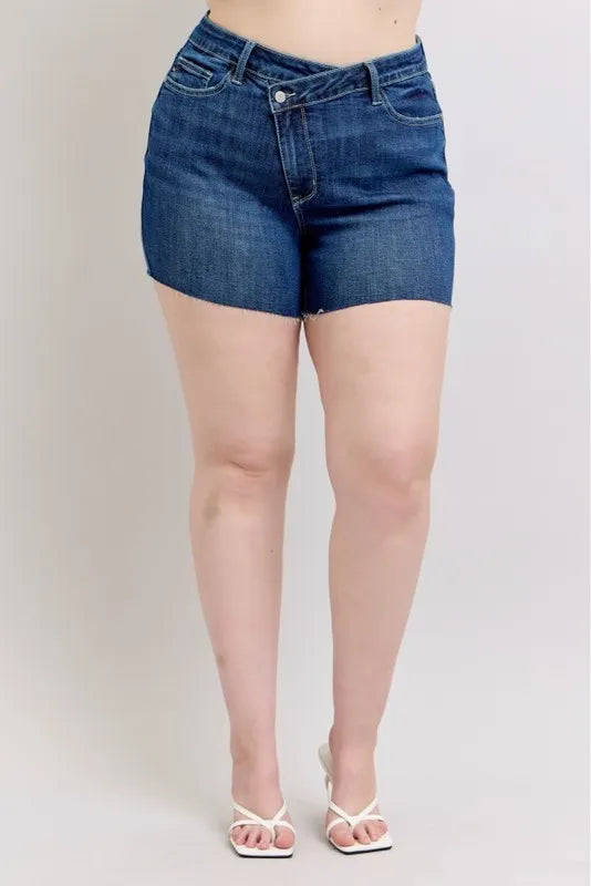 Judy Blue Full Size High Waist Criss-Cross Waistband Denim Shorts Plus Size 973a31c7-e343-4231-87b7-8dd439740745-Max-Origin