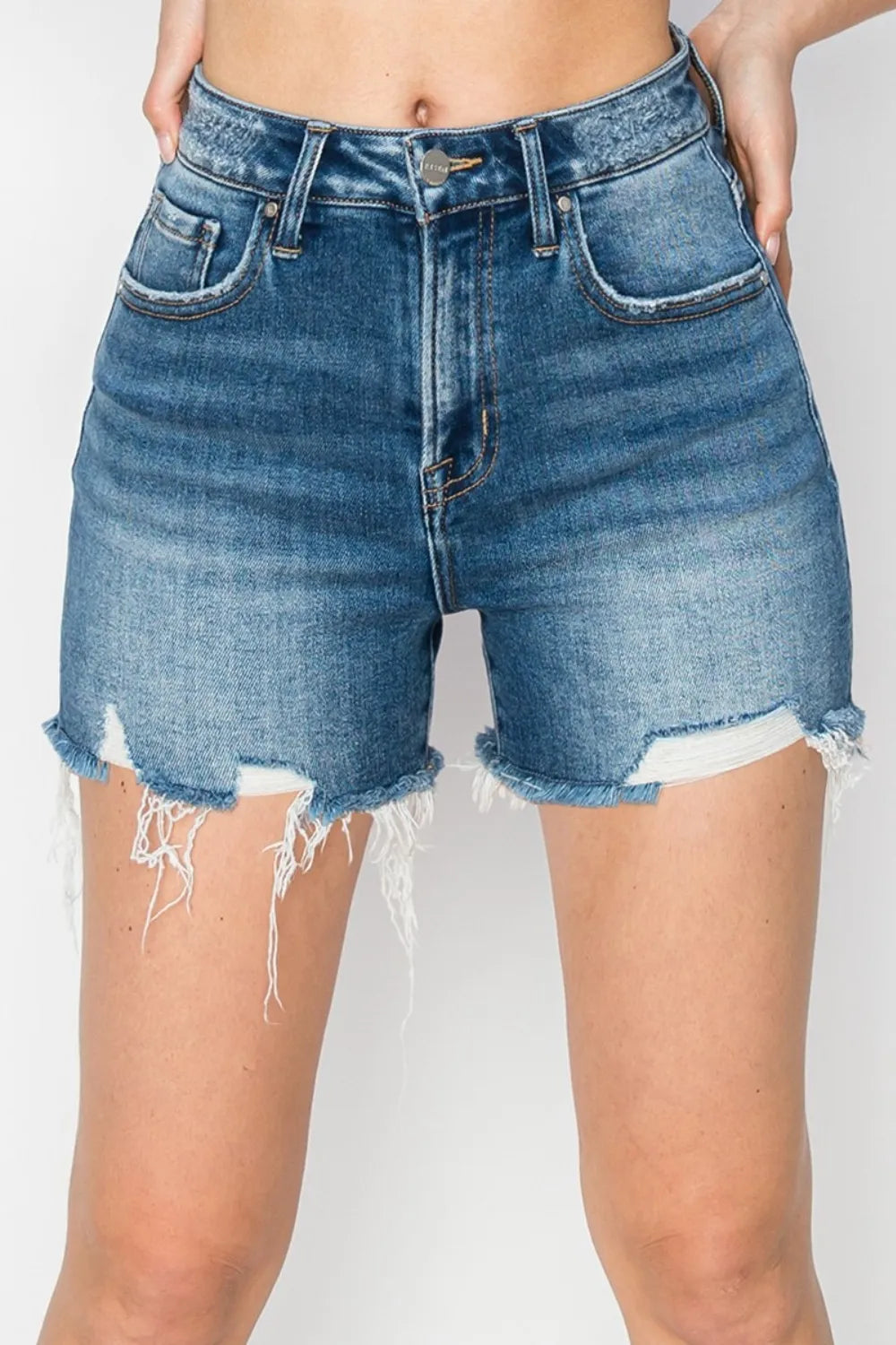RISEN High Rise Raw Hem Distressed Denim Shorts 973b19b8-a026-4e57-ae5d-b324bfafebac-Max