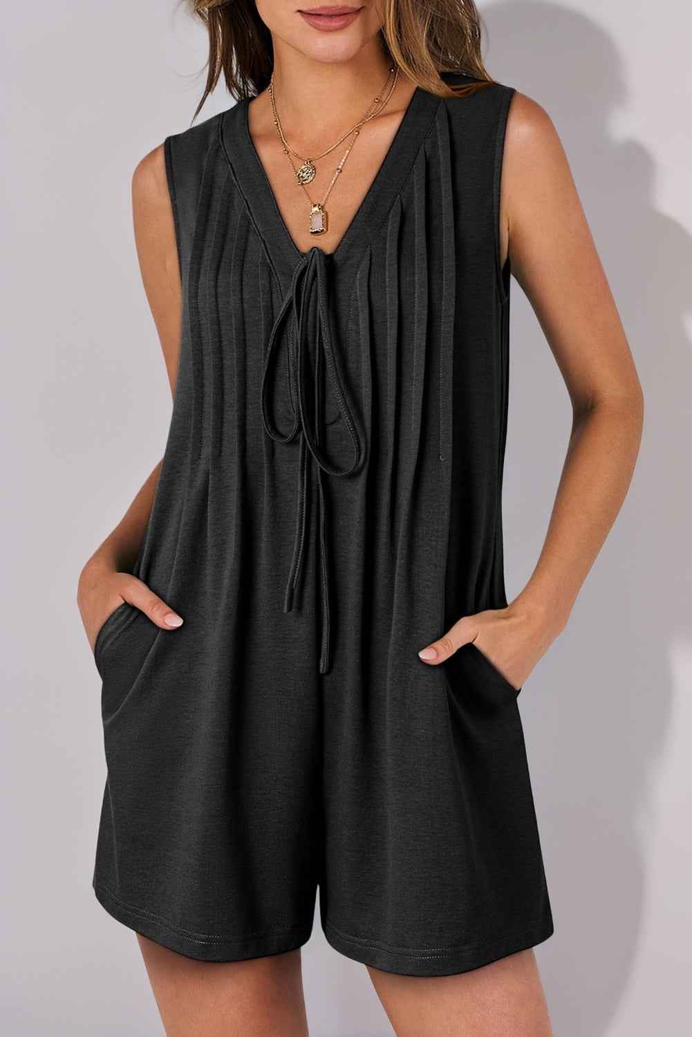 Black Tie V Neck Pleated Sleeveless Loose Romper Black white 9749c2004329d9cb