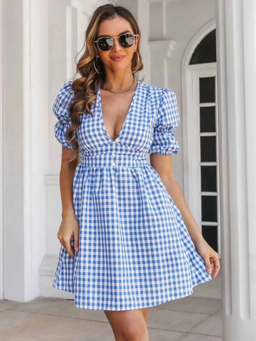 Decorative Button Plaid Short Sleeve Dress 974c24b3-f829-4475-82b6-6917c0b0284b-Max