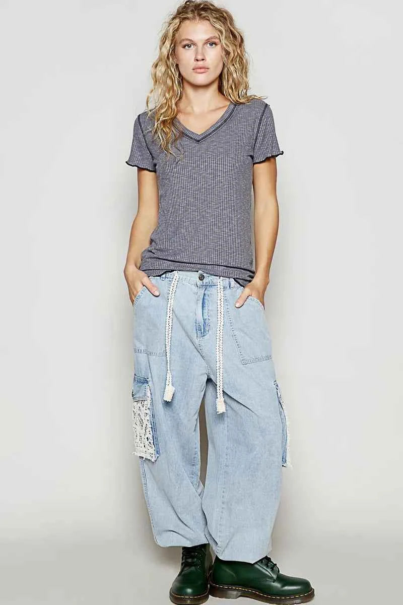 POL V-Neck Short Sleeve Ribbed T-Shirt with Contrast Overlock Stitching 97506c7e-d7da-47b9-b93e-a45310f09352-Max-Origin