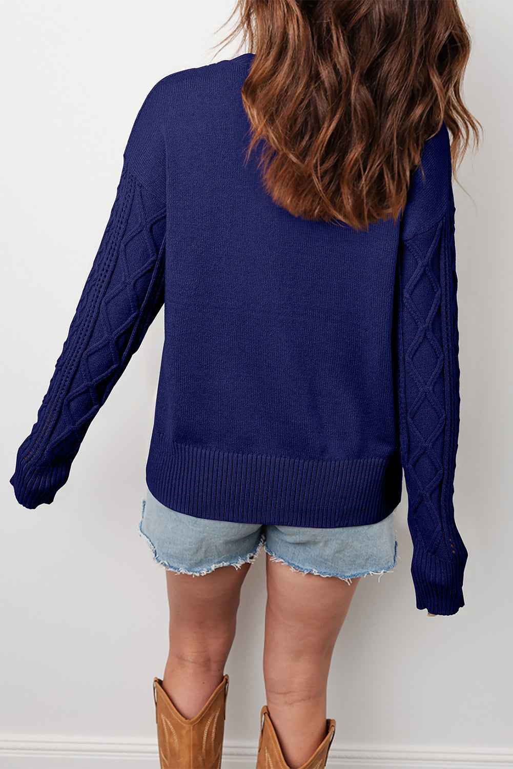 Navy Blue Mix Texture Knit Eyelet Detail Casual Sweater 9750cce15cd584d7