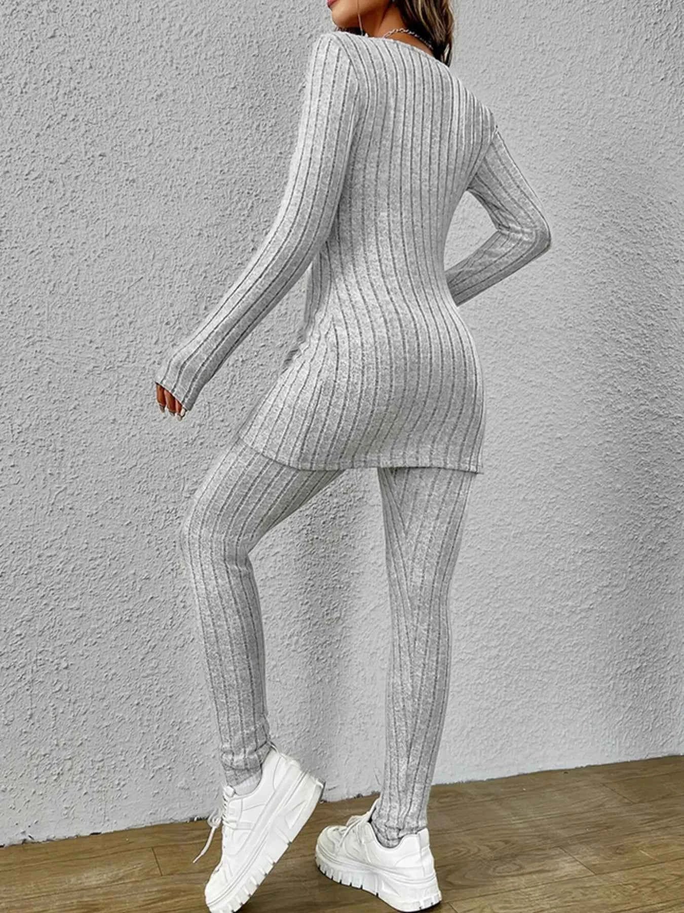 Slit V-Neck Ribbed Top and Pants Set 975df8f3c19245e99c2a47b35d25221b-Max-Origin