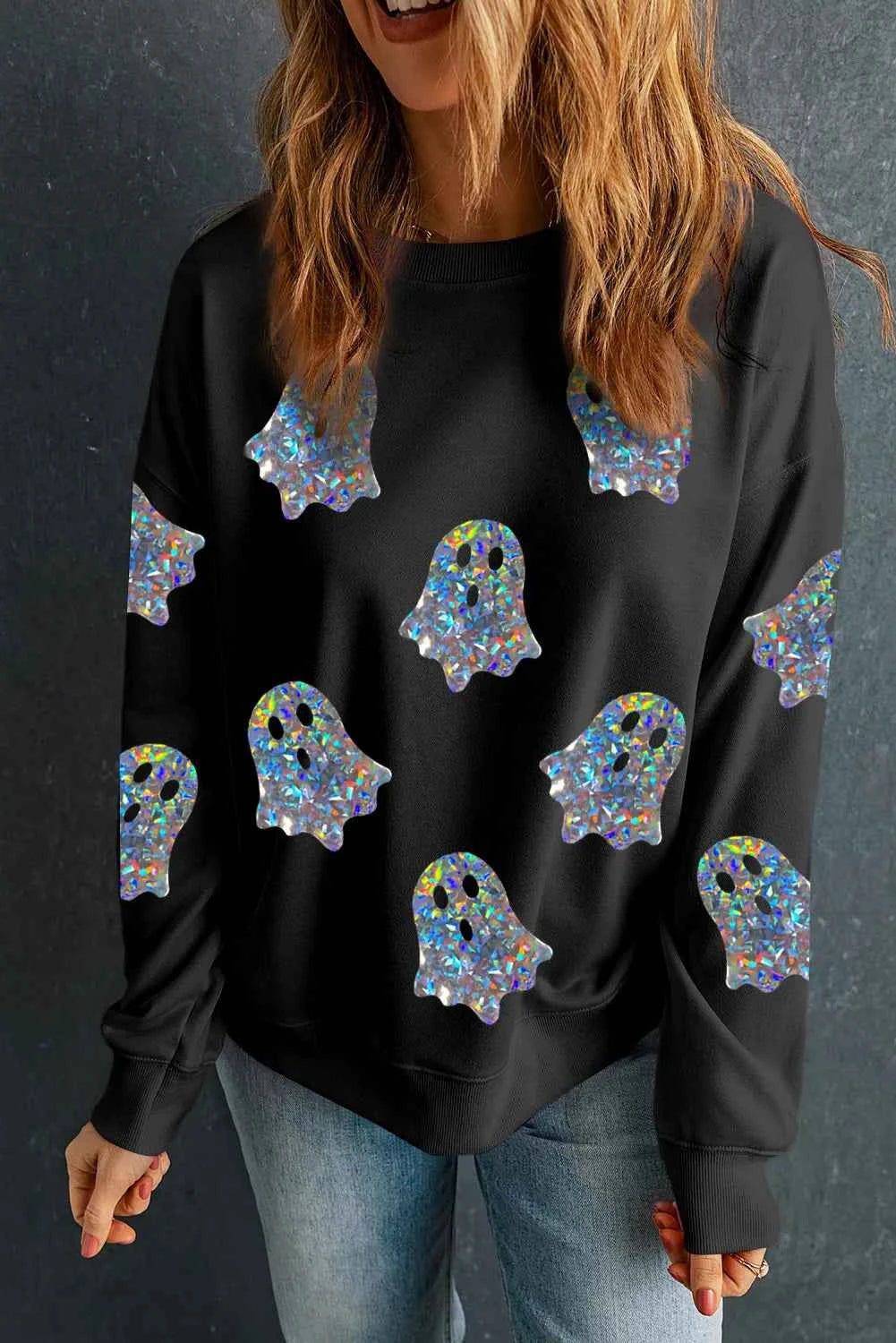 Ghost Round Neck Long Sleeve Sweatshirt Black 976d78b2-5c65-4185-93bf-26f673c6d745-Max