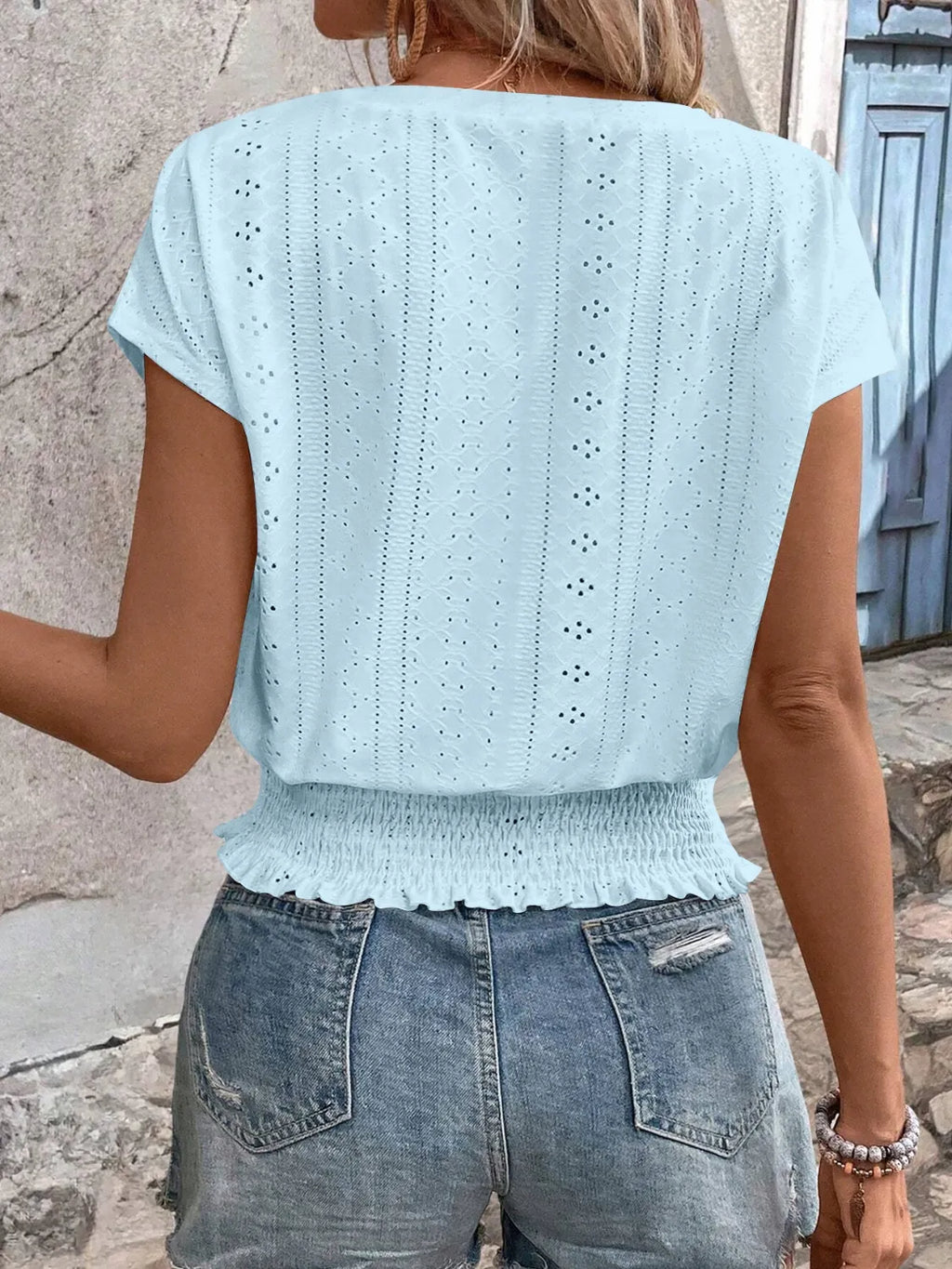 Eyelet V-Neck Short Sleeve Blouse 977b368d-eca0-4592-b16b-424ee116e005-Max-Origin