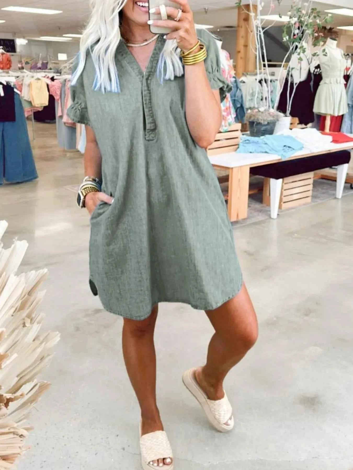 Full Size V-Neck Short Sleeve Denim Dress Plus Size Gray Green 9799d85a-4f72-47bb-b01d-2611e14acfff-Max-Origin