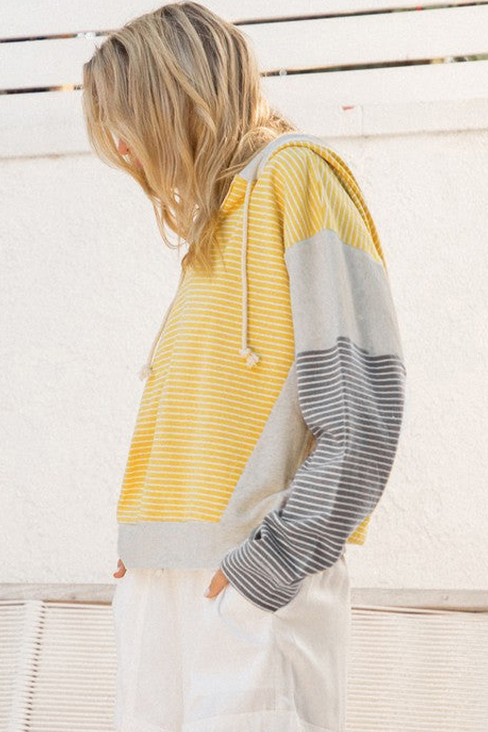 Yellow Stripe Colorblock Drawstring V Neck Loose Fit Hooded Top 97a5fdd253d762b6