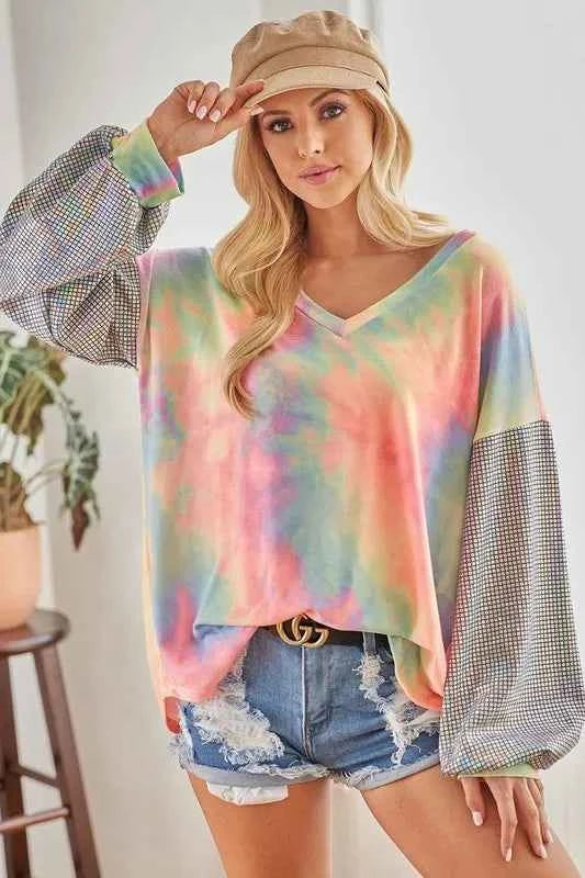 BiBi V Neck Tie Dye French Terry Top with Shiny 97ae13c40a114fe1a743093561cd0a76-Max-Origin