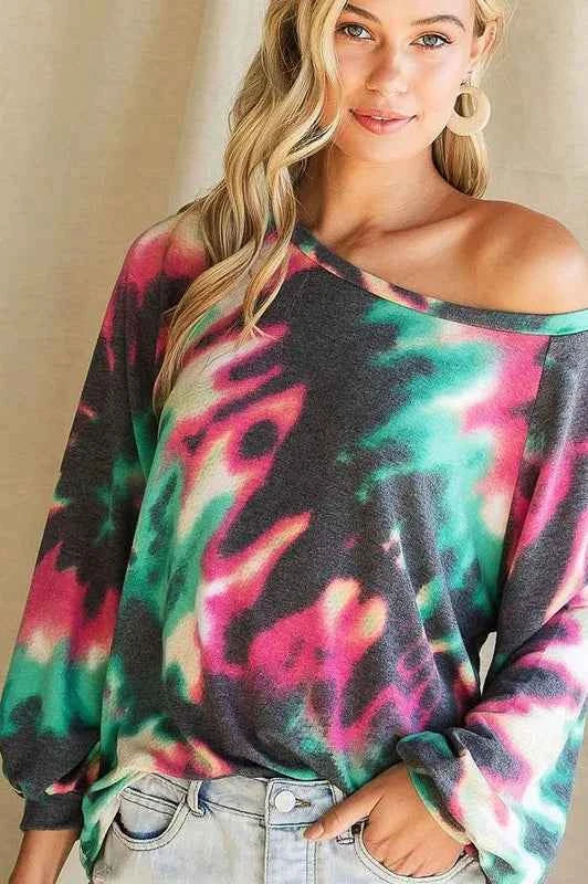 BiBi Tie Dye Print Terry Top with Puff Sleeves 97b7ec083996482f866f67dca10158cd-Max-Origin