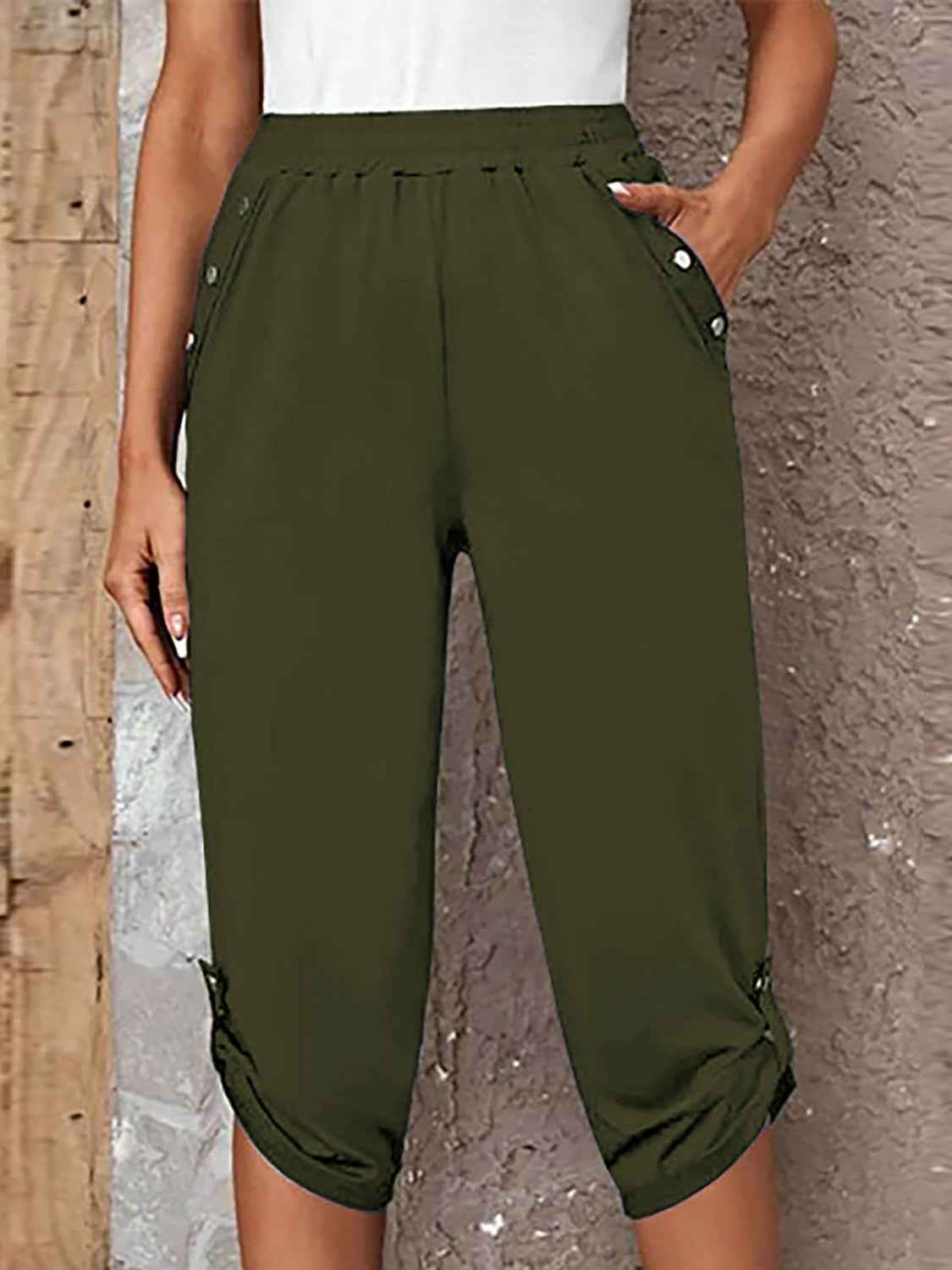 Full Size Roll-Tab Capris Pants Matcha Green 97bf16ecf8964328851a149ef5d2abd8-Max