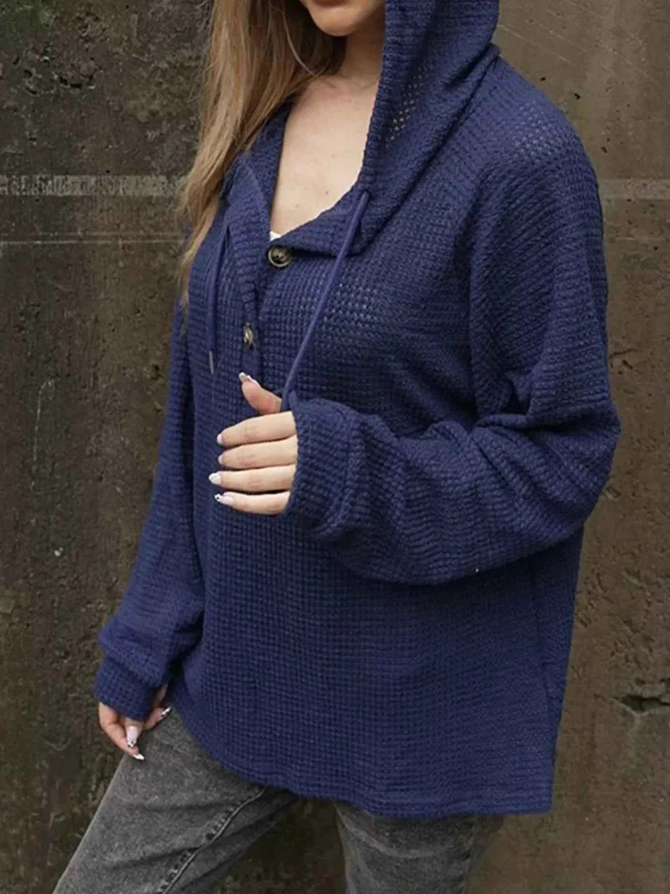 Waffle Knit Hoodie with Button Detail 97bf39712f584140b428b05c80f0318d-Max-Origin