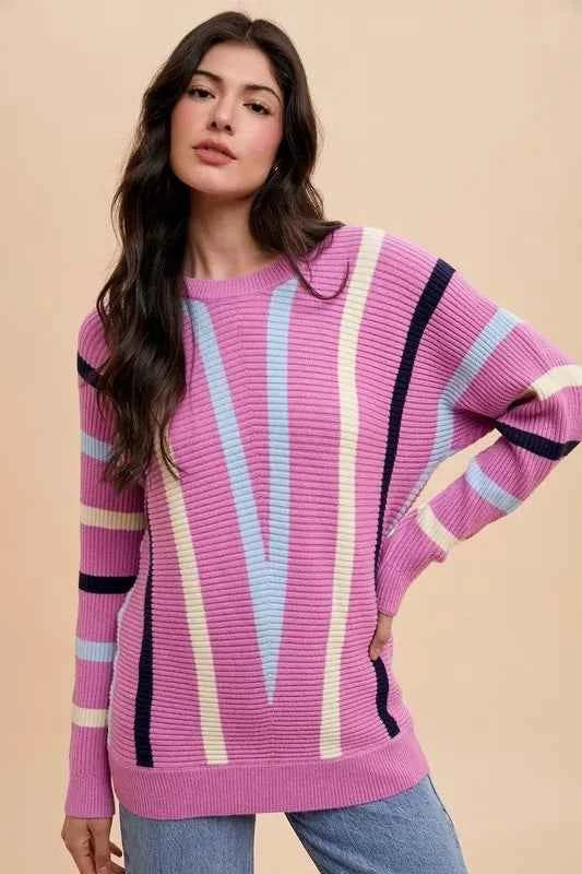 Annie Wear Chevron Stripe Round Neck Ribbed Sweater 97c85fc7-8cfd-43a4-903d-bc464b639611-Max