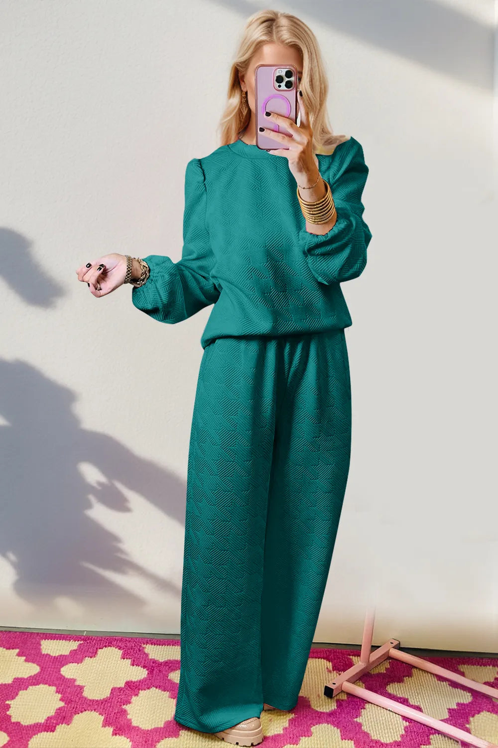 Double Take Texture Long Sleeve Top and Wide Leg Pants Set Teal 97d98365-6e0f-405a-a947-e8f06dd5b652-Max