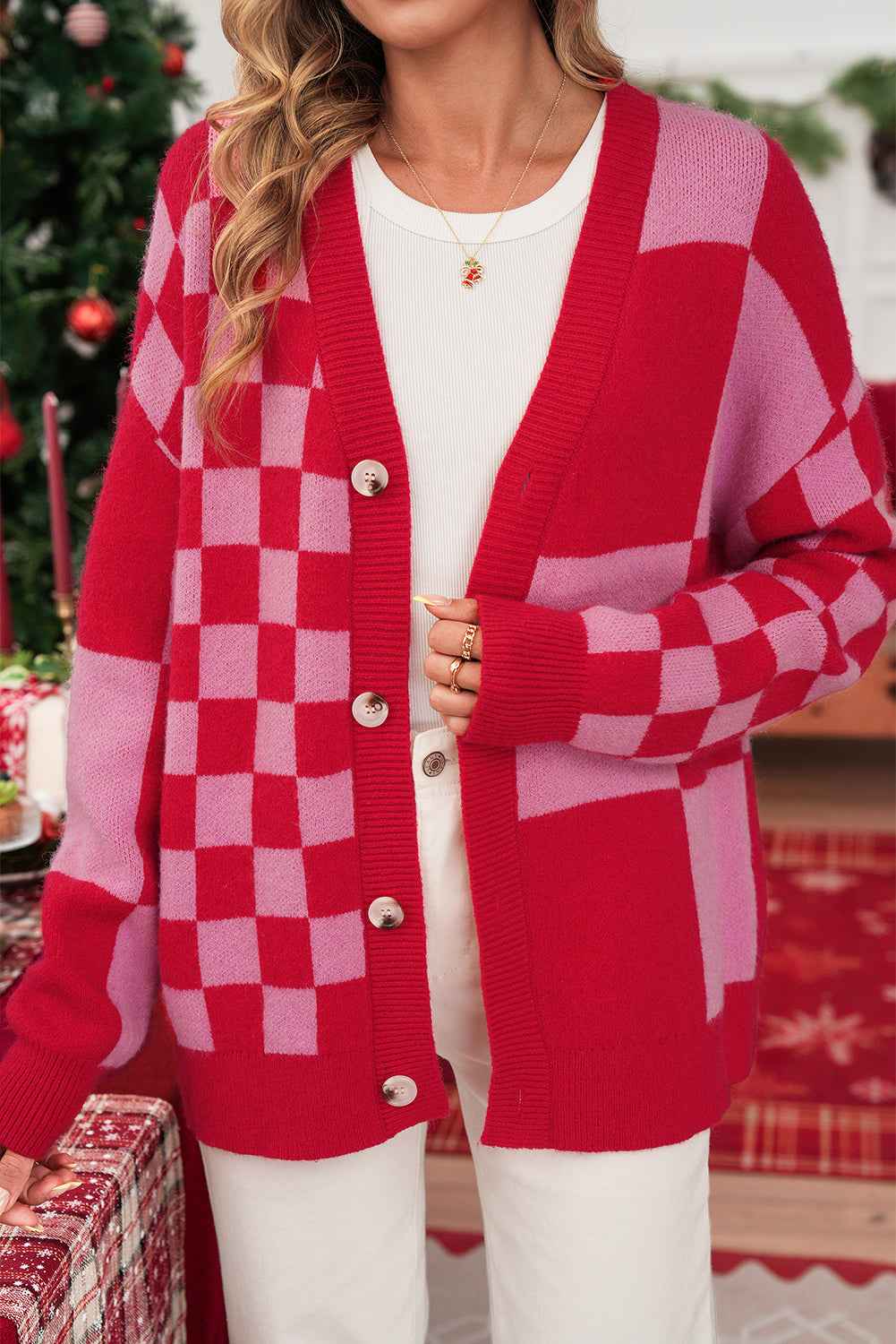 Fiery Red Colorblock Plaid Button Knit Cardigan Fiery Red 42%Acrylic+30%Polyester+28%Polyamide 97e66661b349278e