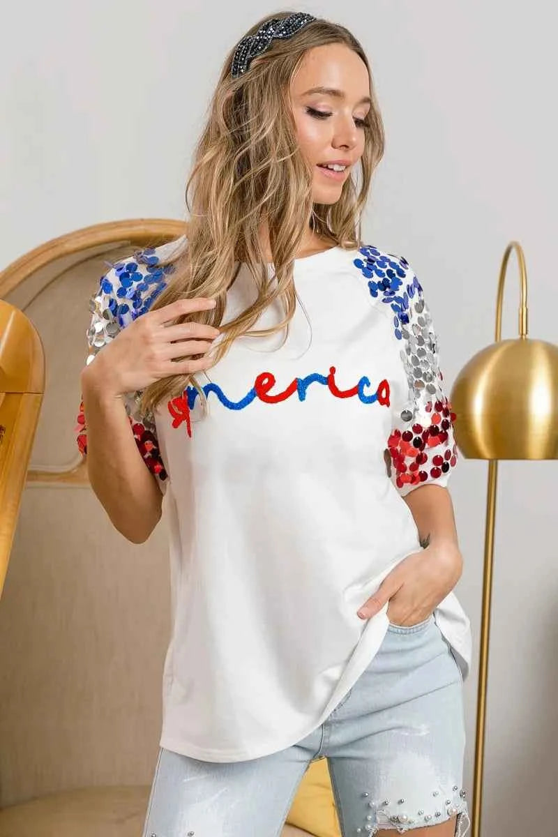 BiBi America Letter Applique Spangle Puff Sleeves Top 97f4bed11a3544dcb246994e208be04a-Max-Origin