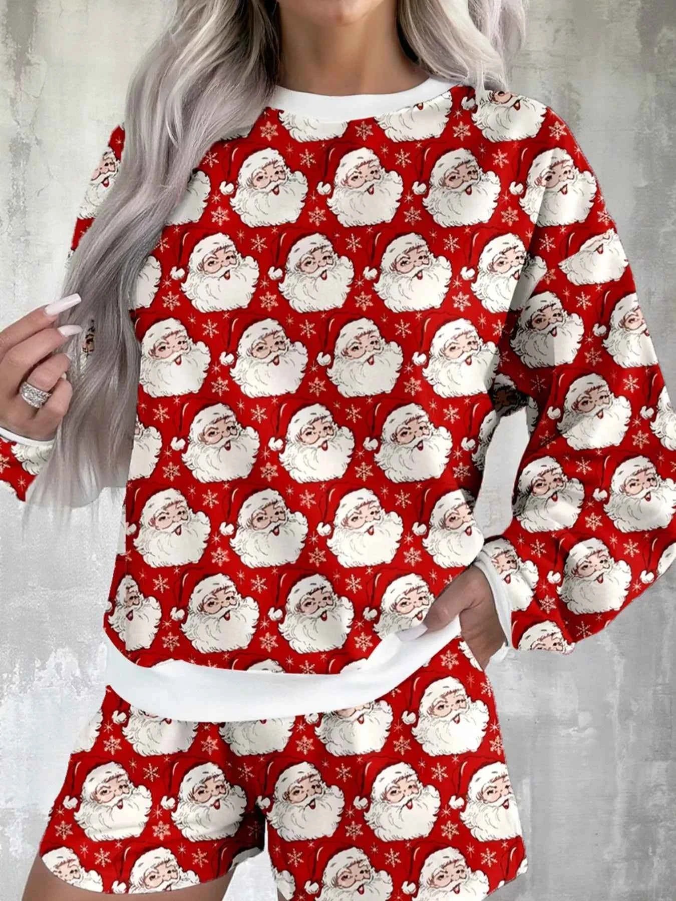 Christmas Santa Print Round Neck Top and Shorts Lounge Set Deep Red 98011ac2-67db-46a5-9ea2-c2ee418c06d0-Max-Origin